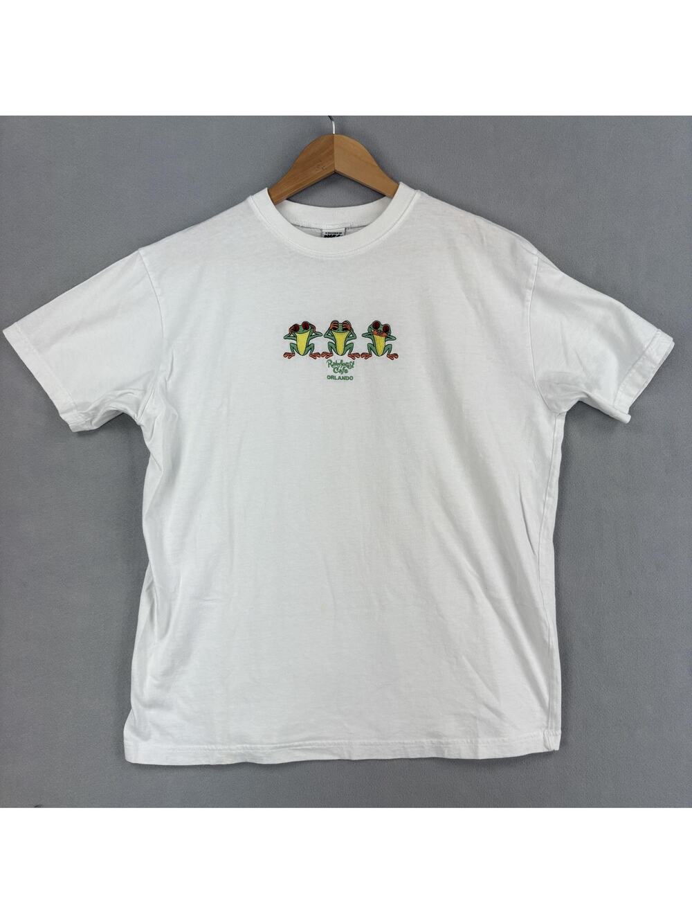 Vintage Rainforest Cafe Shirt Large White Short Sleeve Orlando Frog Embroidered